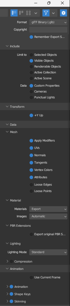 glTF format menu